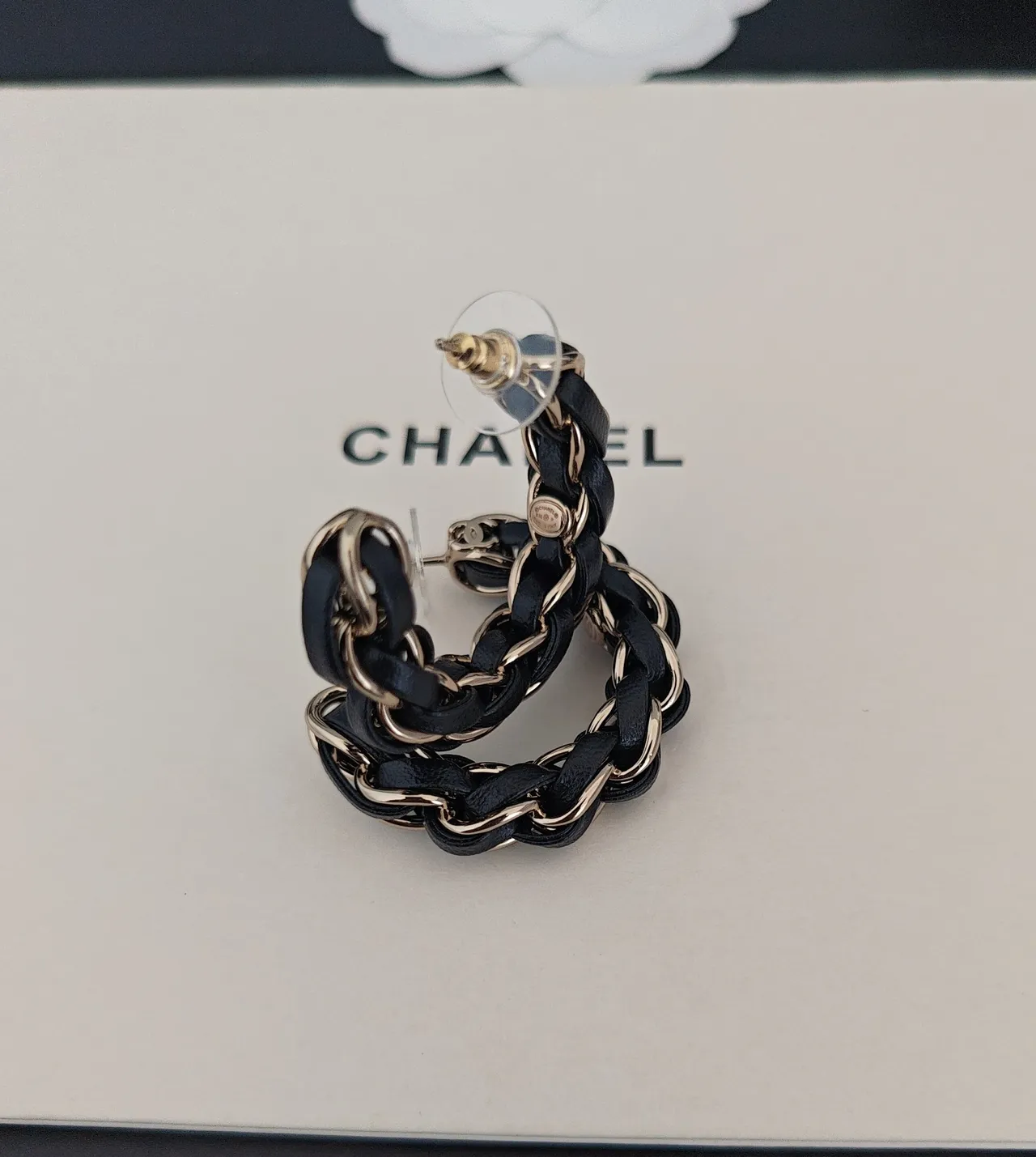 Chanel Black Gold Interwoven Leather And Chain Hoop Earrings 3