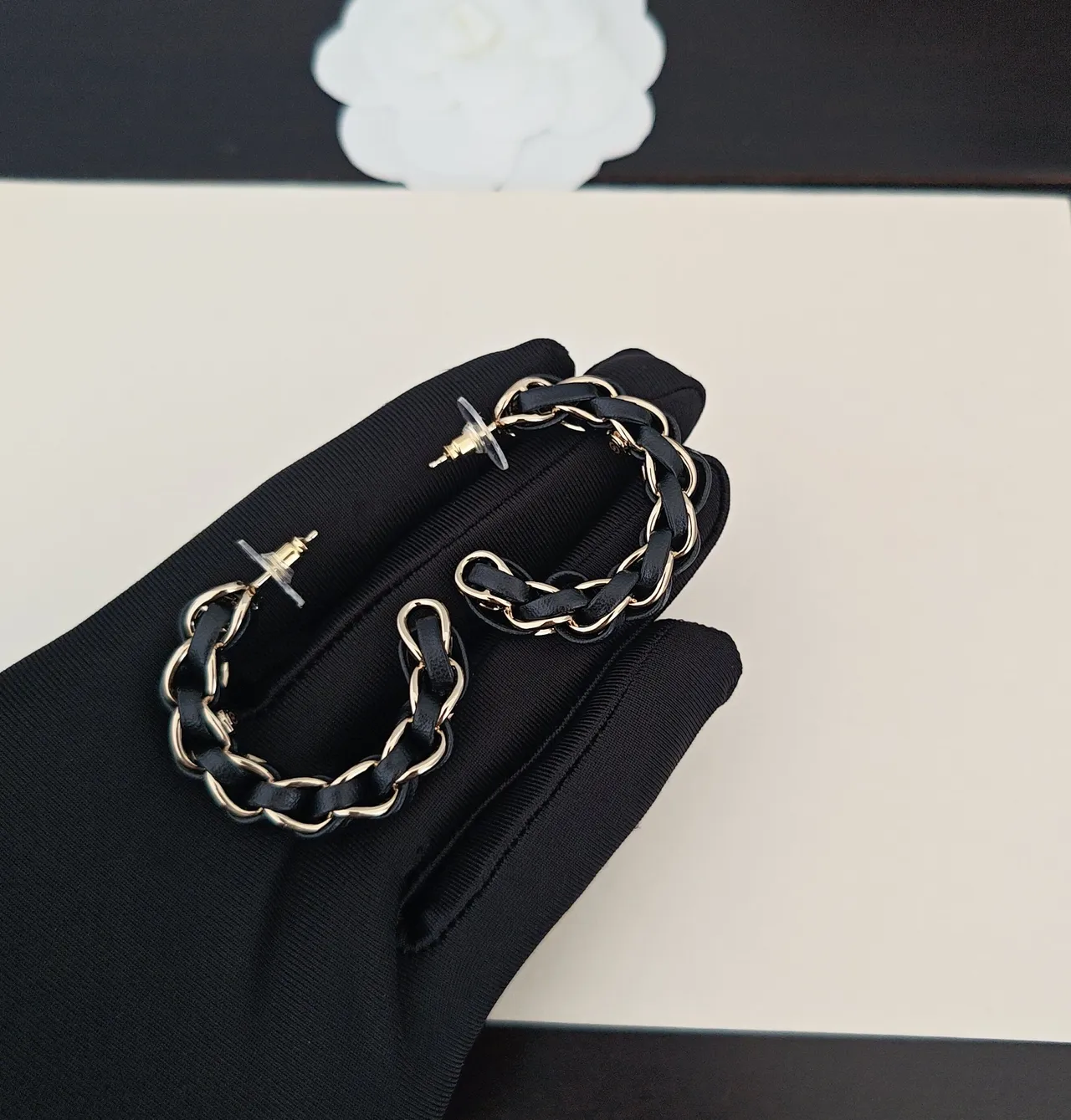 Chanel Black Gold Interwoven Leather And Chain Hoop Earrings 5