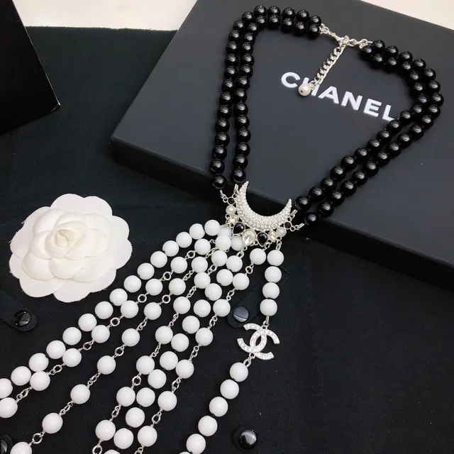 Chanel Black White Multi-Strand Beaded Necklace 6