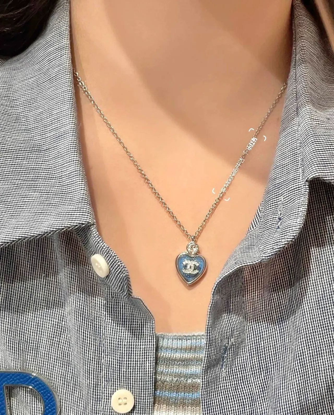 Chanel Blue Silver Heart-Shaped Pendant Enamel Finish Necklace 9