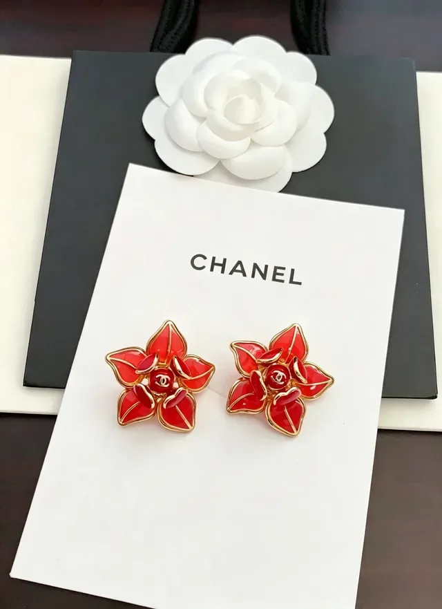 Chanel Camellia Floral Red Enamel and Gold-Tone Stud Earrings 5