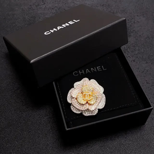 Chanel Camellia Pave Crystal and Two-Tone Metal Brooch 5