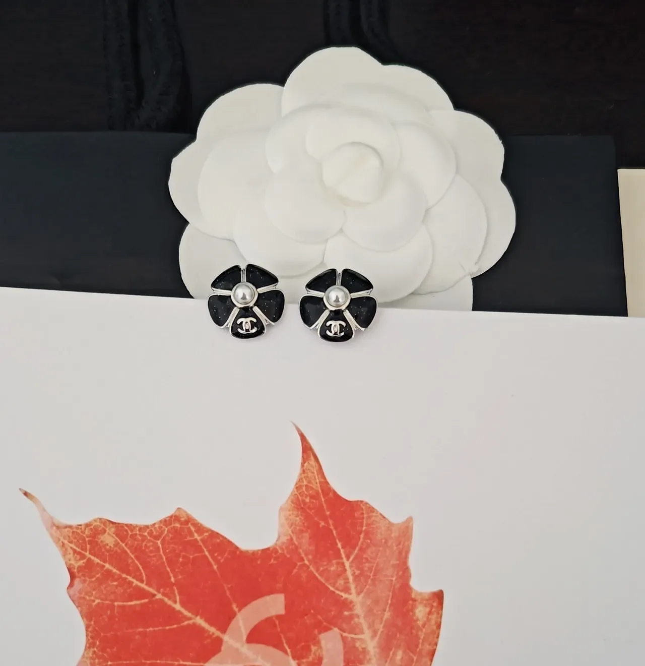 Chanel Camellia Pearl and Enamel Flower Stud Earrings 4