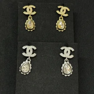 Chanel CC Drop Pendientes Oro Plata Interlocking Logo Teardrop Crystal