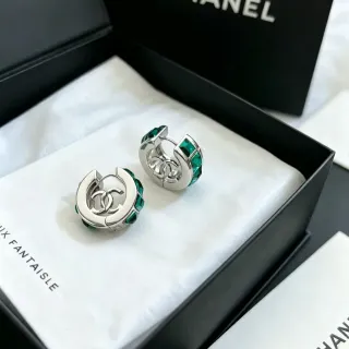 Chanel CC Hoop Pendientes Verde Plata Bisagra Logo