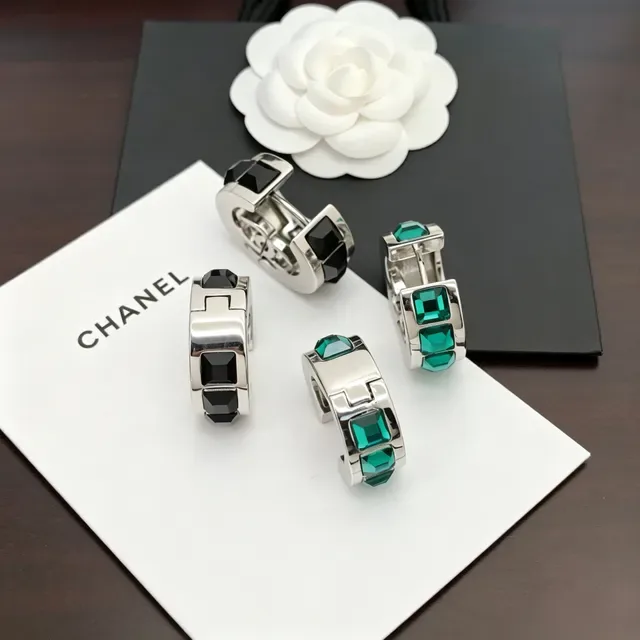Chanel CC Hoop Green Silver Hinged Logo Earrings 3
