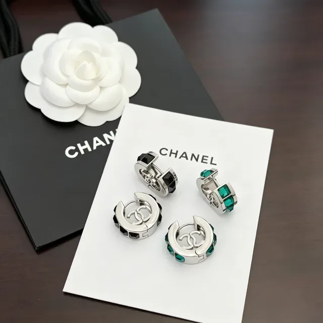 Chanel CC Hoop Green Silver Hinged Logo Earrings 4