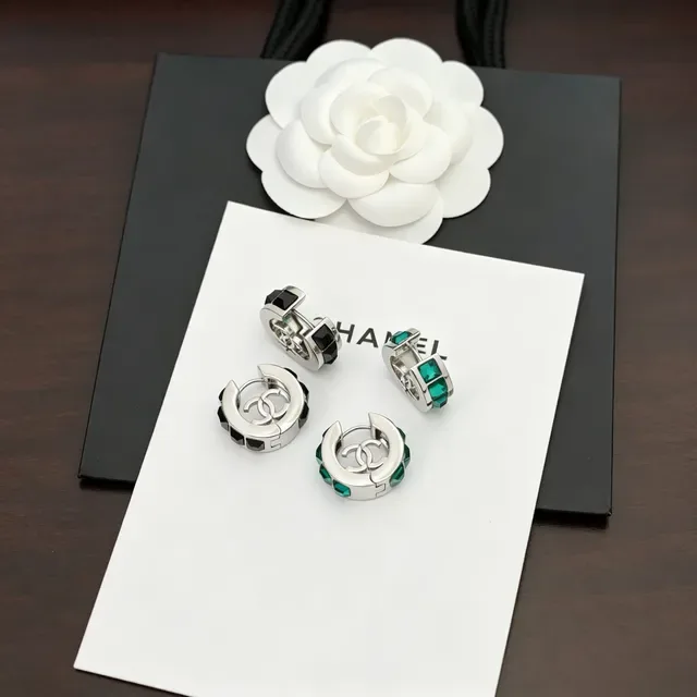 Chanel CC Hoop Green Silver Hinged Logo Earrings 5