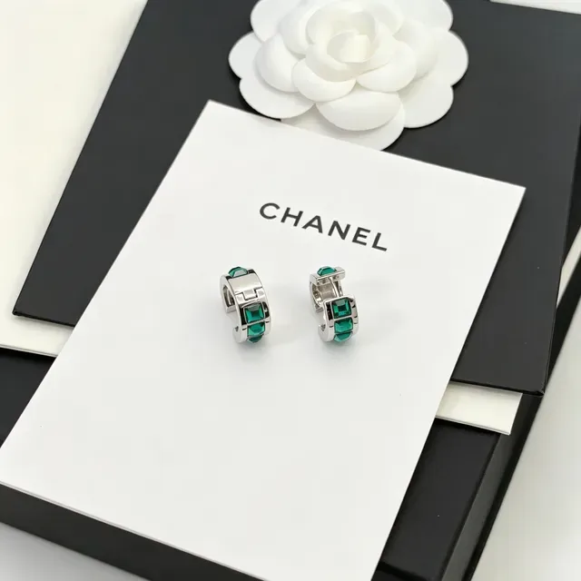 Chanel CC Hoop Green Silver Hinged Logo Earrings 6