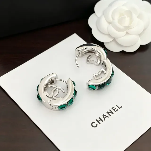 Chanel CC Hoop Green Silver Hinged Logo Earrings 7