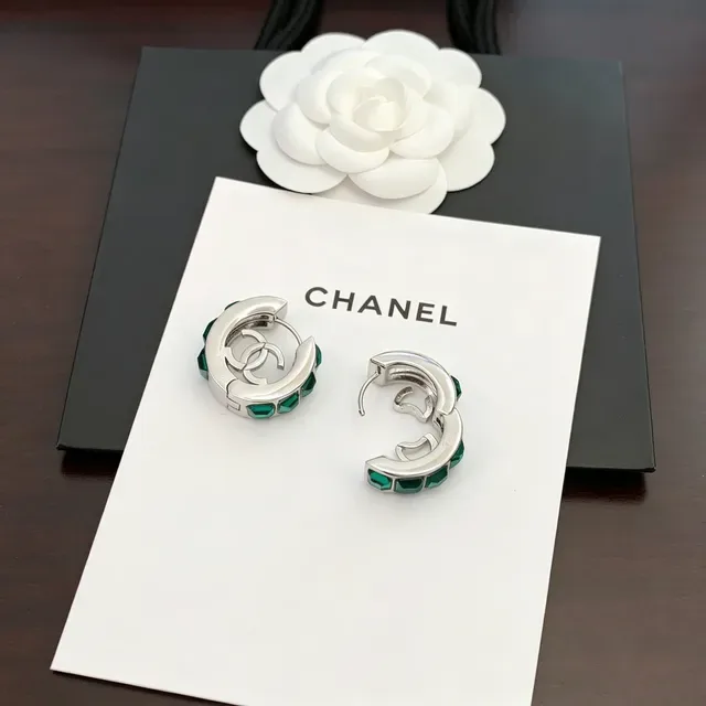 Chanel CC Hoop Green Silver Hinged Logo Earrings 8