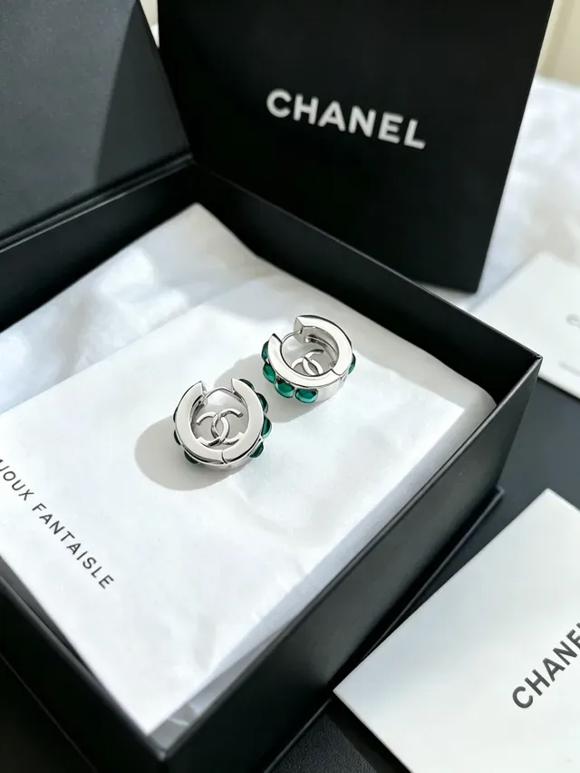 Chanel CC Hoop Green Silver Hinged Logo Earrings 9