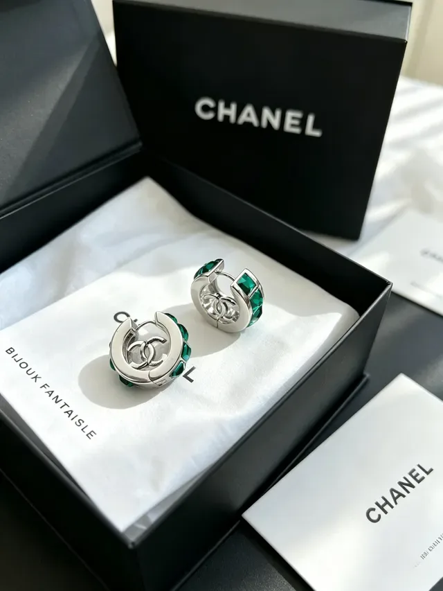 Chanel CC Hoop Green Silver Hinged Logo Earrings 10