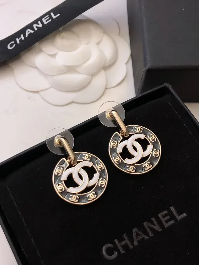 Chanel CC Logo Disc Gold Black Circular Interlocking Earrings 5