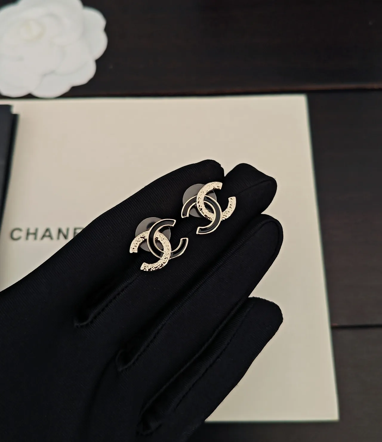 Chanel CC Logo Stud Gold Black Interlocking Metal Earrings 2