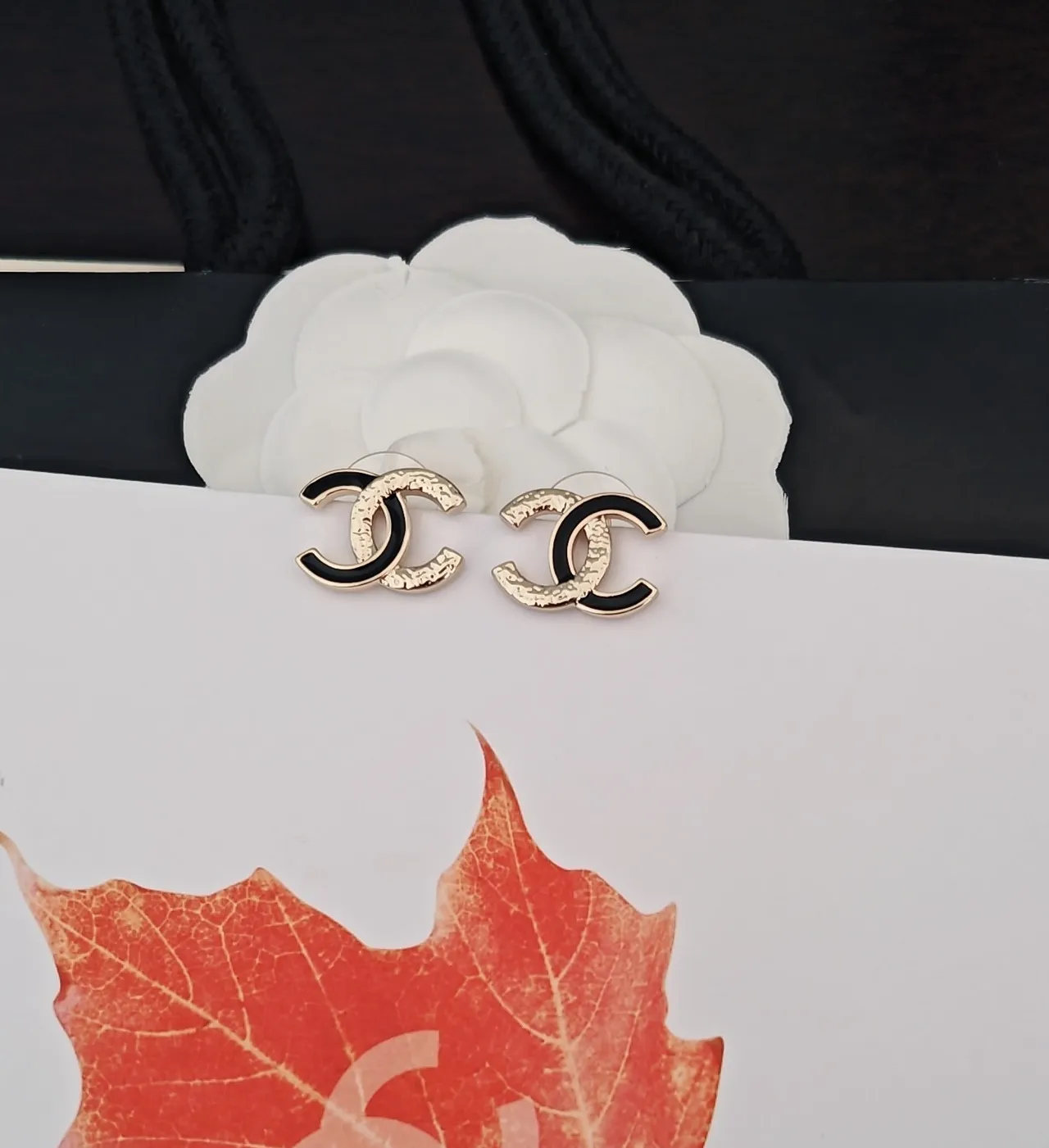 Chanel CC Logo Stud Gold Black Interlocking Metal Earrings 4