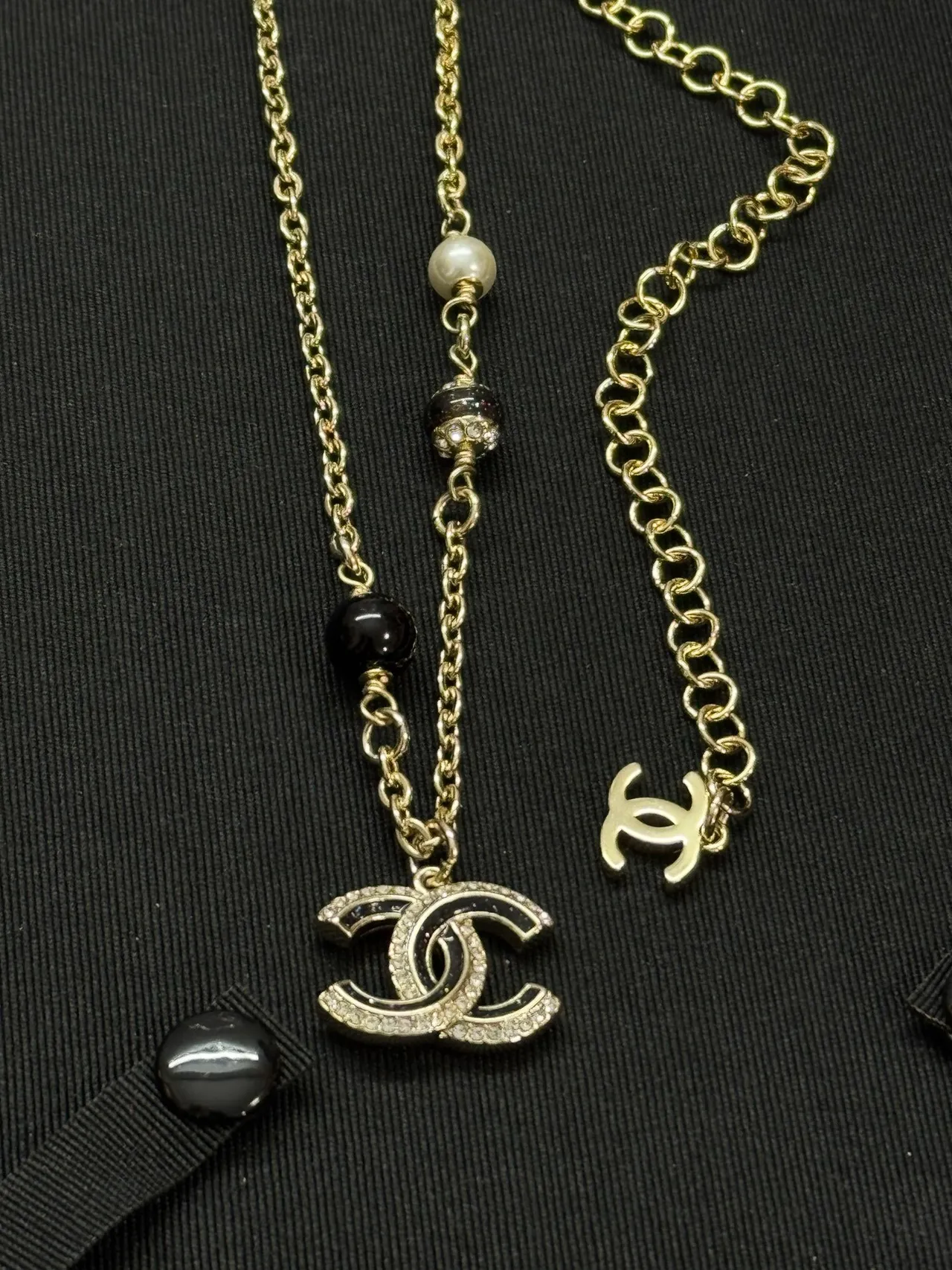 Chanel CC Pendant Necklace Gold Black Chain Dual Pendants Necklace 2