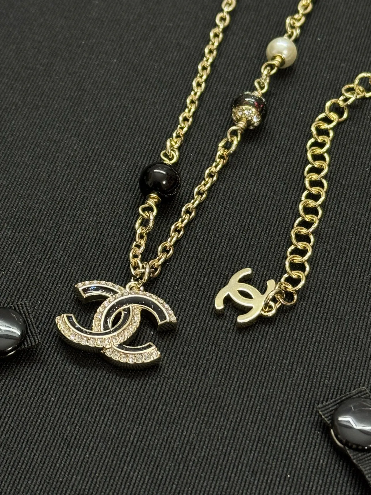 Chanel CC Pendant Necklace Gold Black Chain Dual Pendants Necklace 3