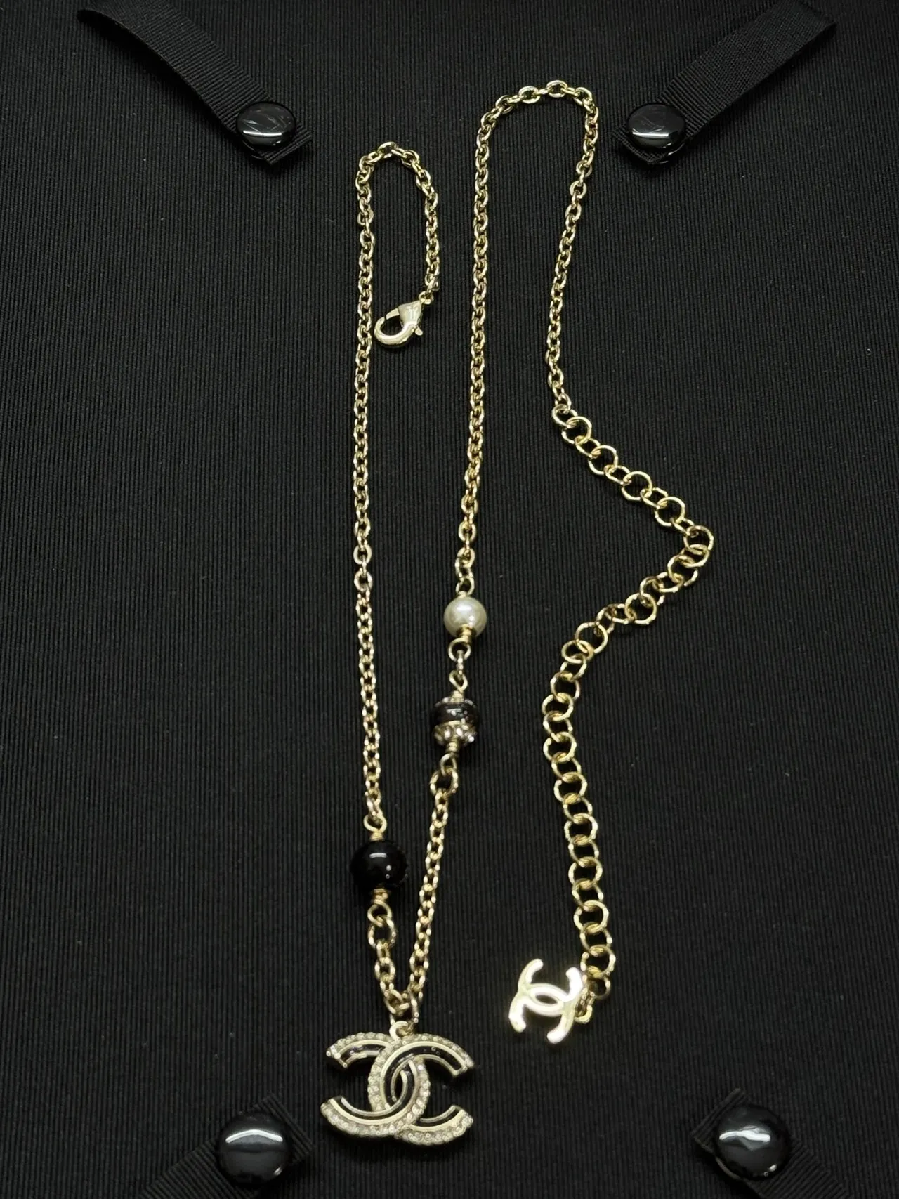 Chanel CC Pendant Necklace Gold Black Chain Dual Pendants Necklace 4