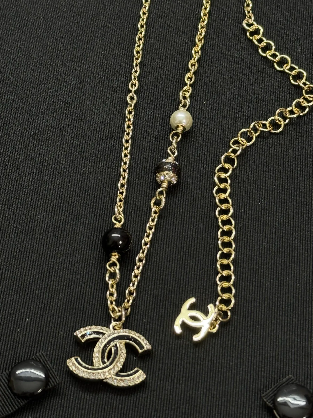 Chanel CC Pendant Necklace Gold Black Chain Dual Pendants Necklace 5