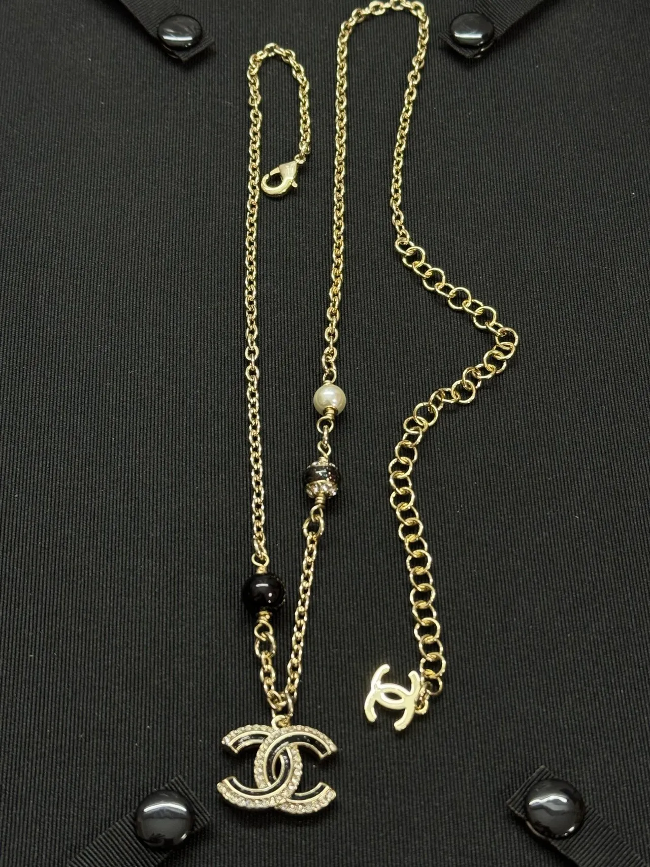 Chanel CC Pendant Necklace Gold Black Chain Dual Pendants Necklace 6