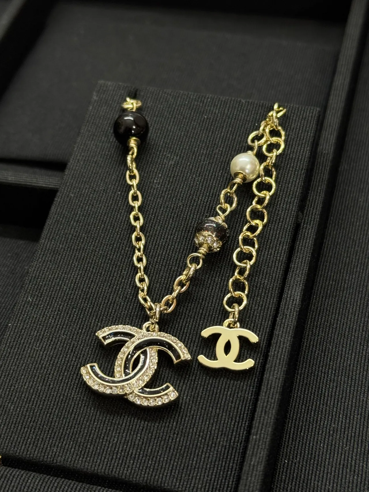 Chanel CC Pendant Necklace Gold Black Chain Dual Pendants Necklace 7