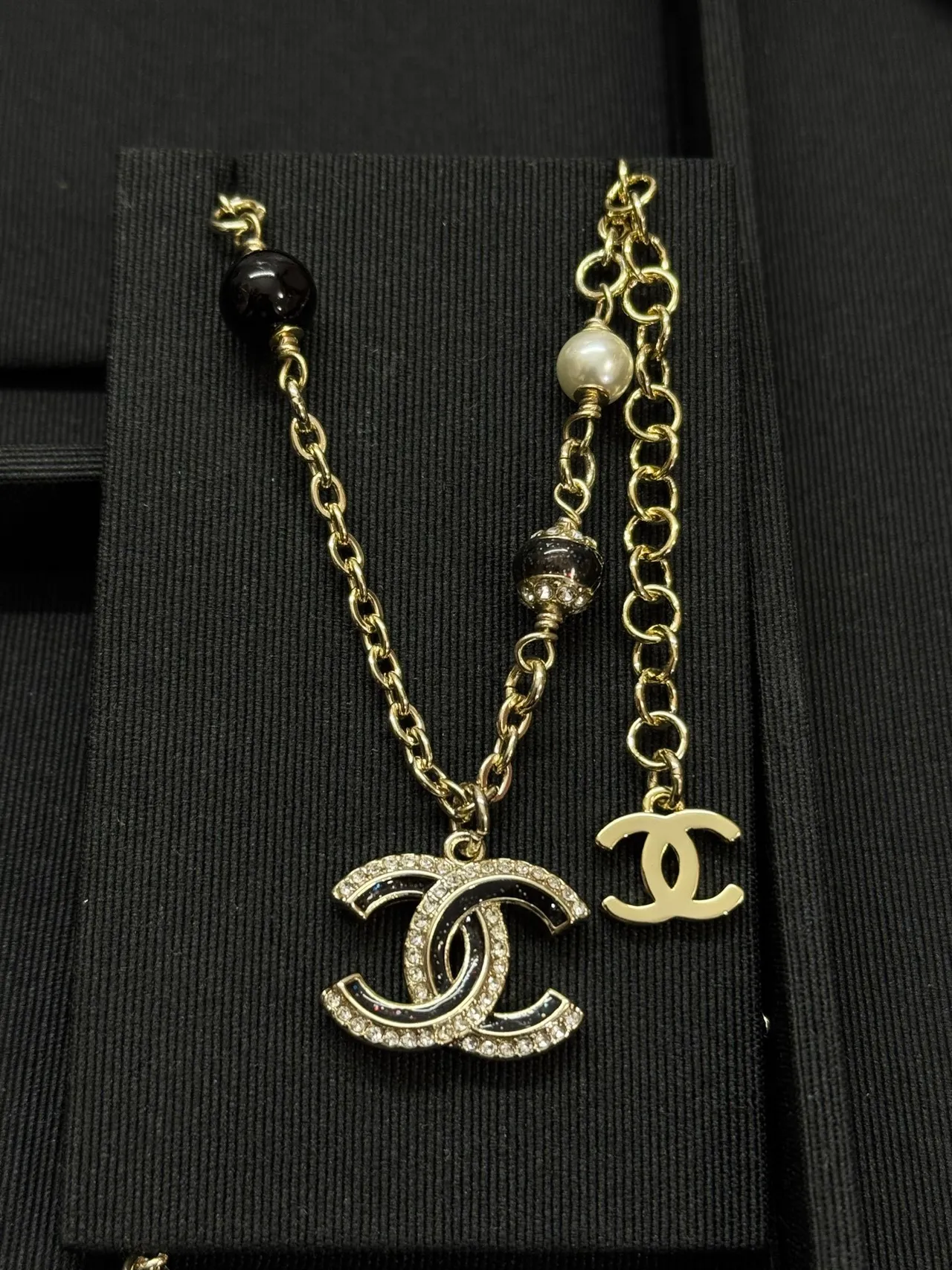 Chanel CC Pendant Necklace Gold Black Chain Dual Pendants Necklace 8