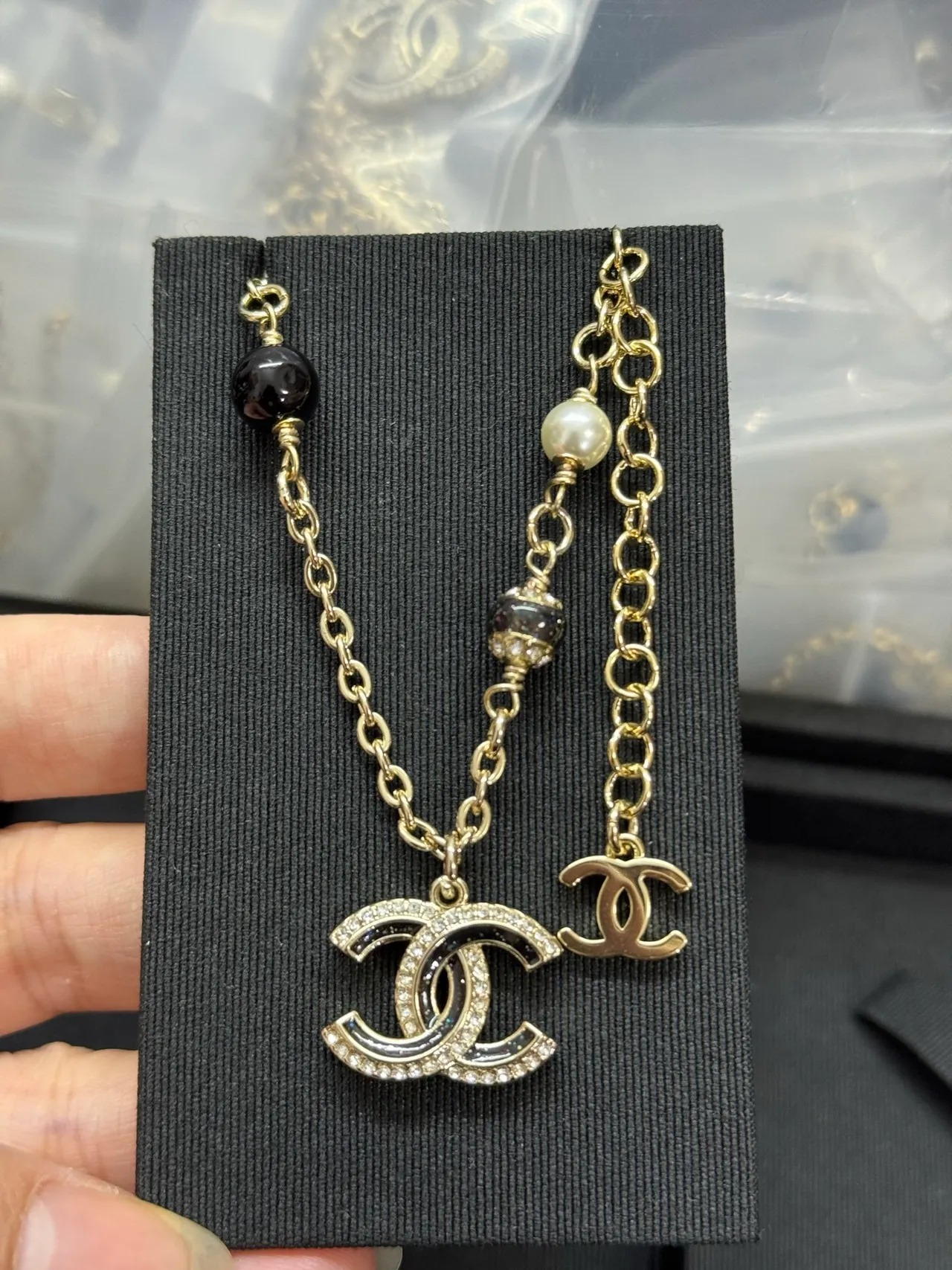 Chanel CC Pendant Necklace Gold Black Chain Dual Pendants Necklace 9