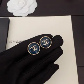 Chanel CC Stud أقراط زرقاء ذهبية دائرية مينا وجه أقراط