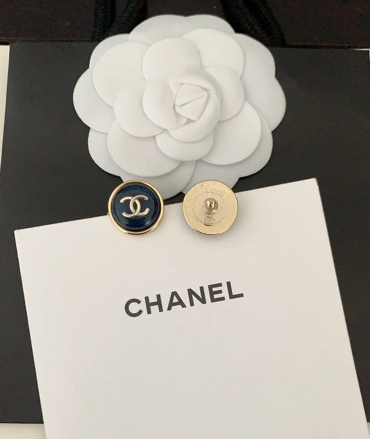 Chanel CC Stud Blue Gold Circular Enamel Face Earrings 2