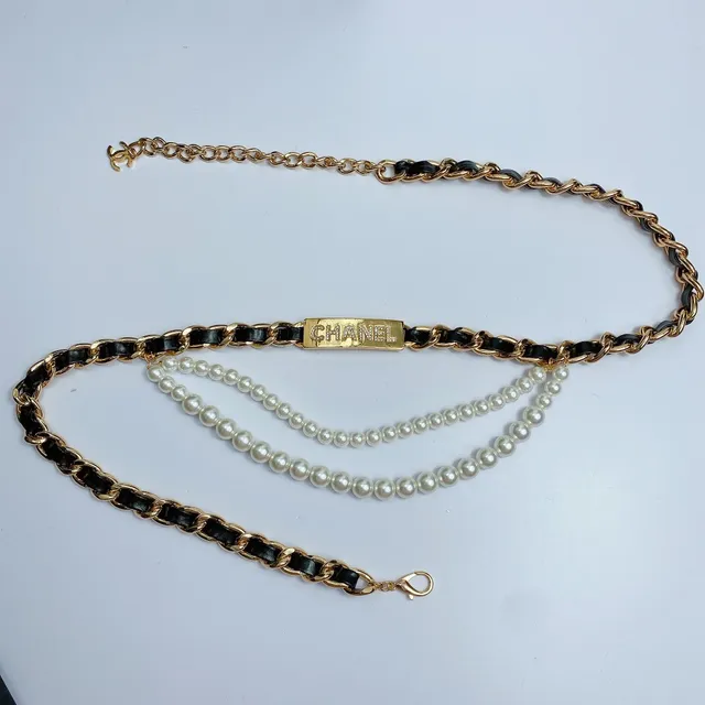 Chanel Bolsa de Cintura de Couro Dourado Preto com Correntes Interligadas de Moda 6