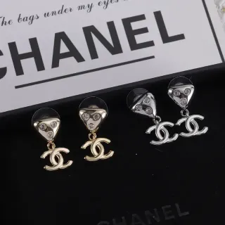 Chanel Brincos Dourado Prata Triangulares Cristal Stud Dangling Interlocking CC Logo