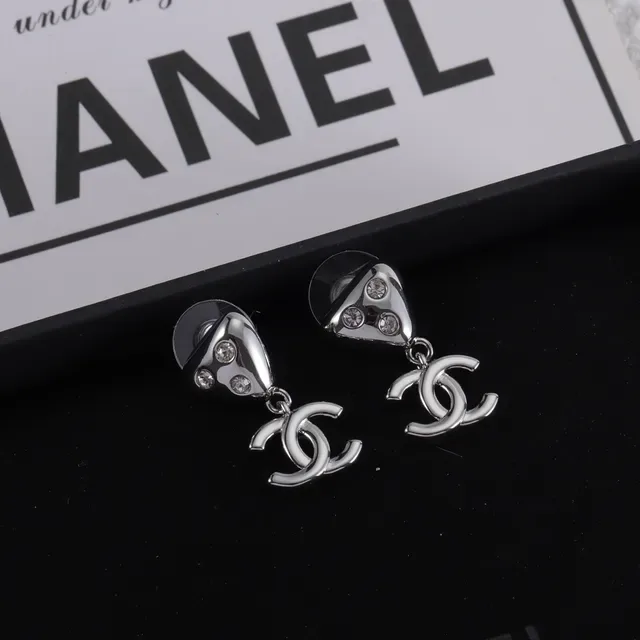 Chanel Gold Silver Triangular Crystal-Set Stud Dangling Interlocking CC Logo Earrings 4