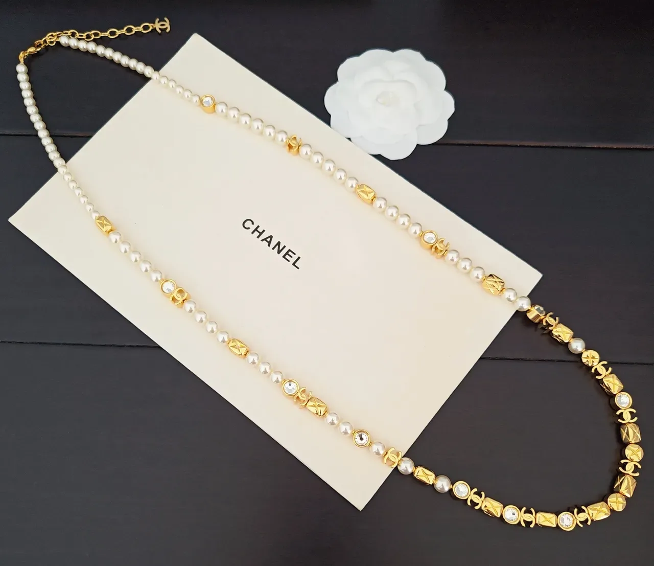 Collier Chanel Or Blanc Double Chaîne Perles et Perles 2