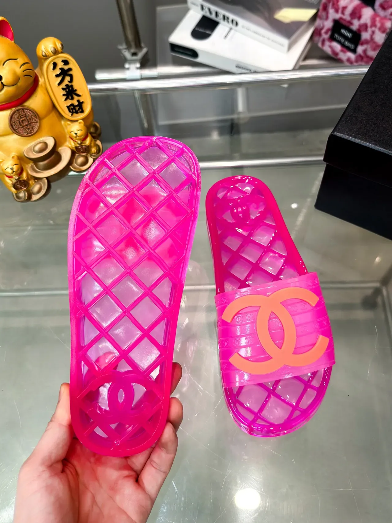 Chanel Jelly Slide Azul Transparente Material Sola Quiltada Chinelos 5