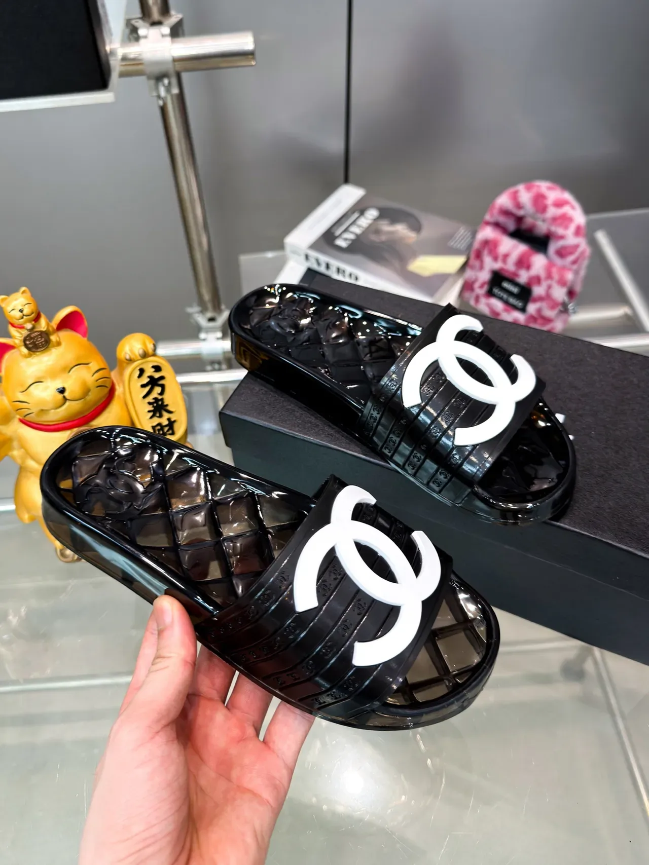 Chanel Jelly Slide Azul Transparente Material Sola Quiltada Chinelos 6
