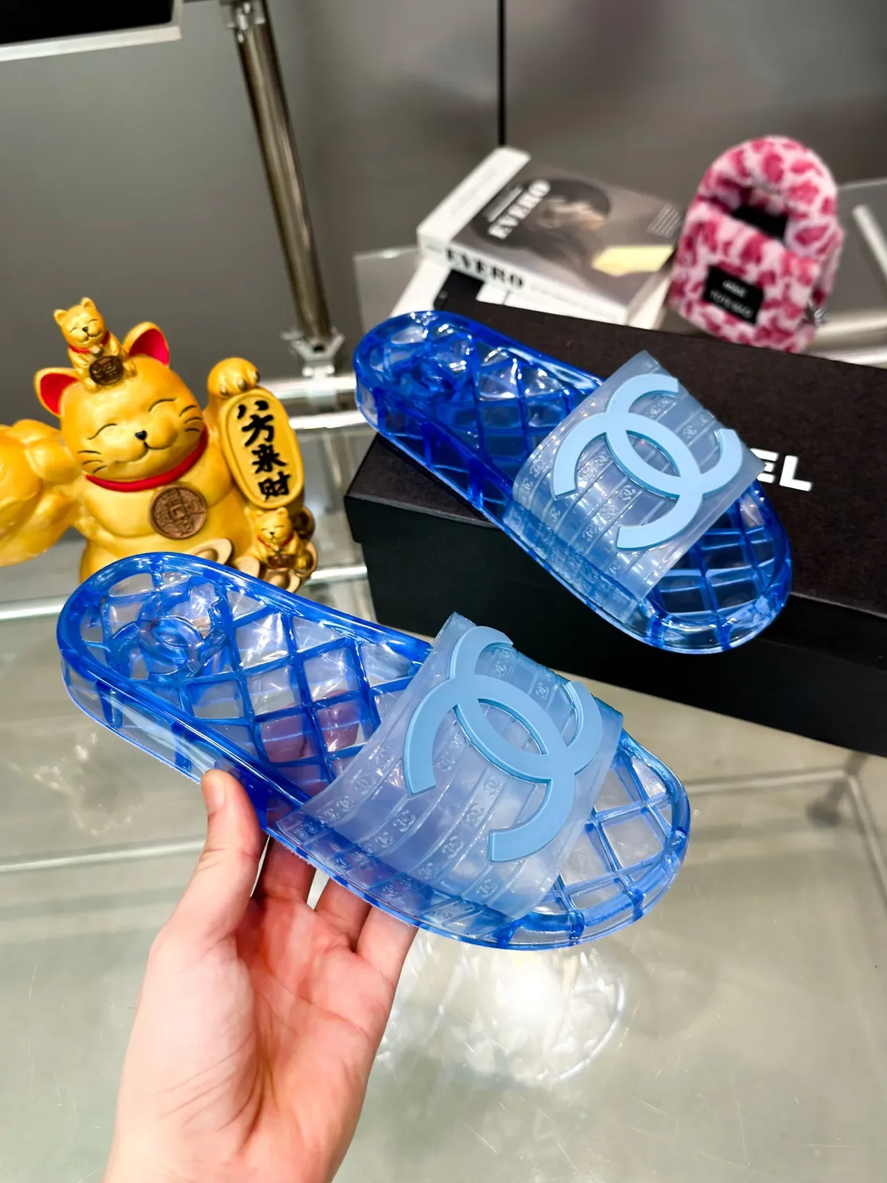 Chanel Jelly Slide Azul Transparente Material Sola Quiltada Chinelos 7