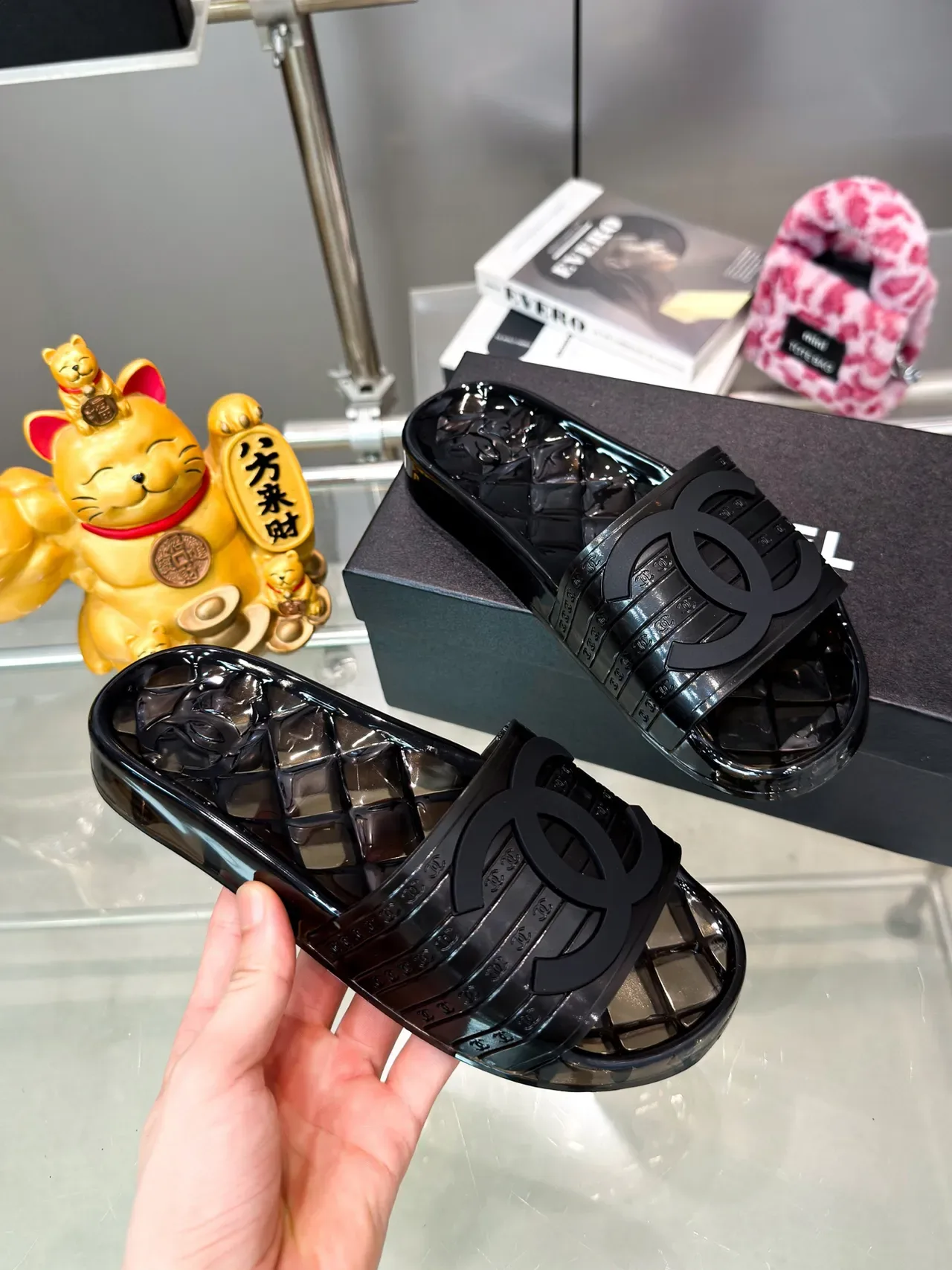 Chanel Jelly Slide Azul Transparente Material Sola Quiltada Chinelos 8