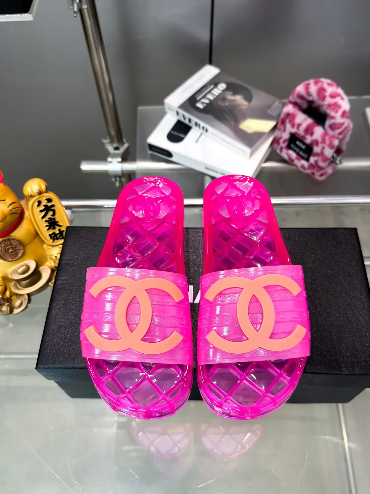 Chanel Jelly Slide Azul Transparente Material Sola Quiltada Chinelos 13