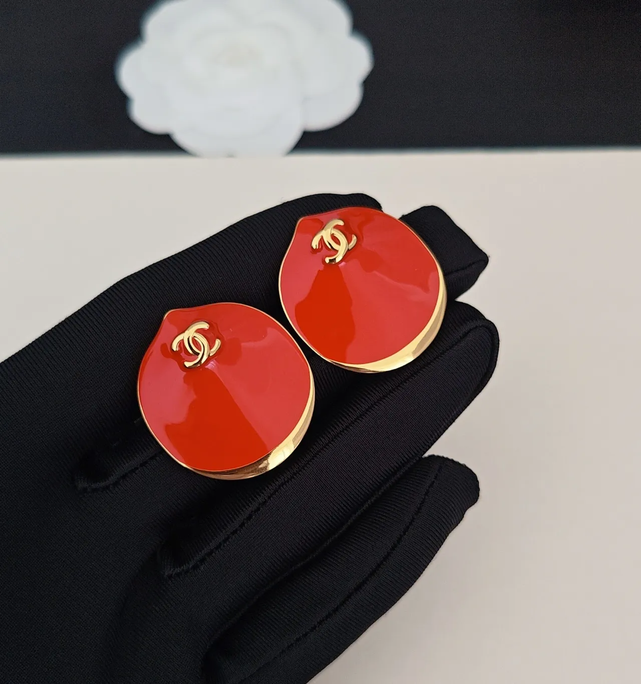 Chanel Red Enamel CC Logo Stud Earrings 5