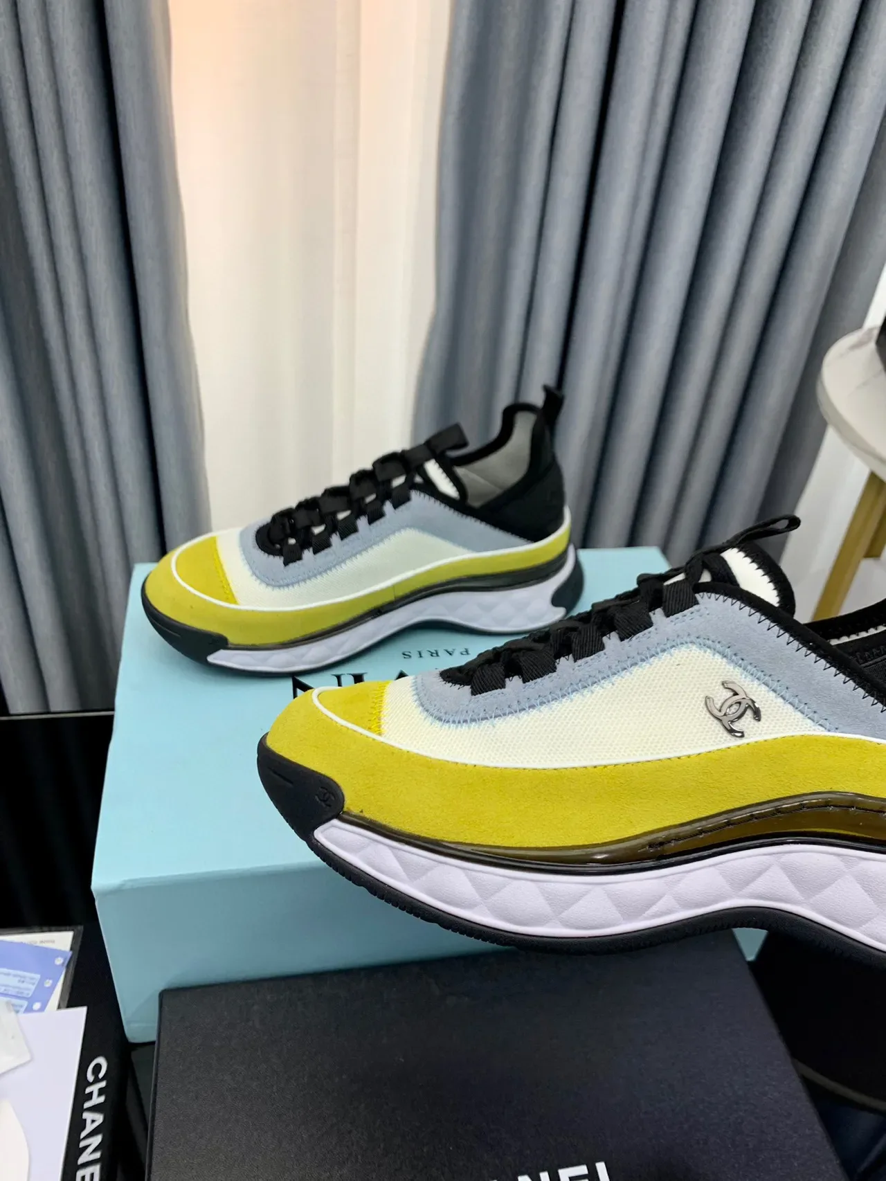 Chanel Runway Sneakers Yellow White Quilted Midsole Multi-Panel Textile Upper Lifestyle Sneakers 5