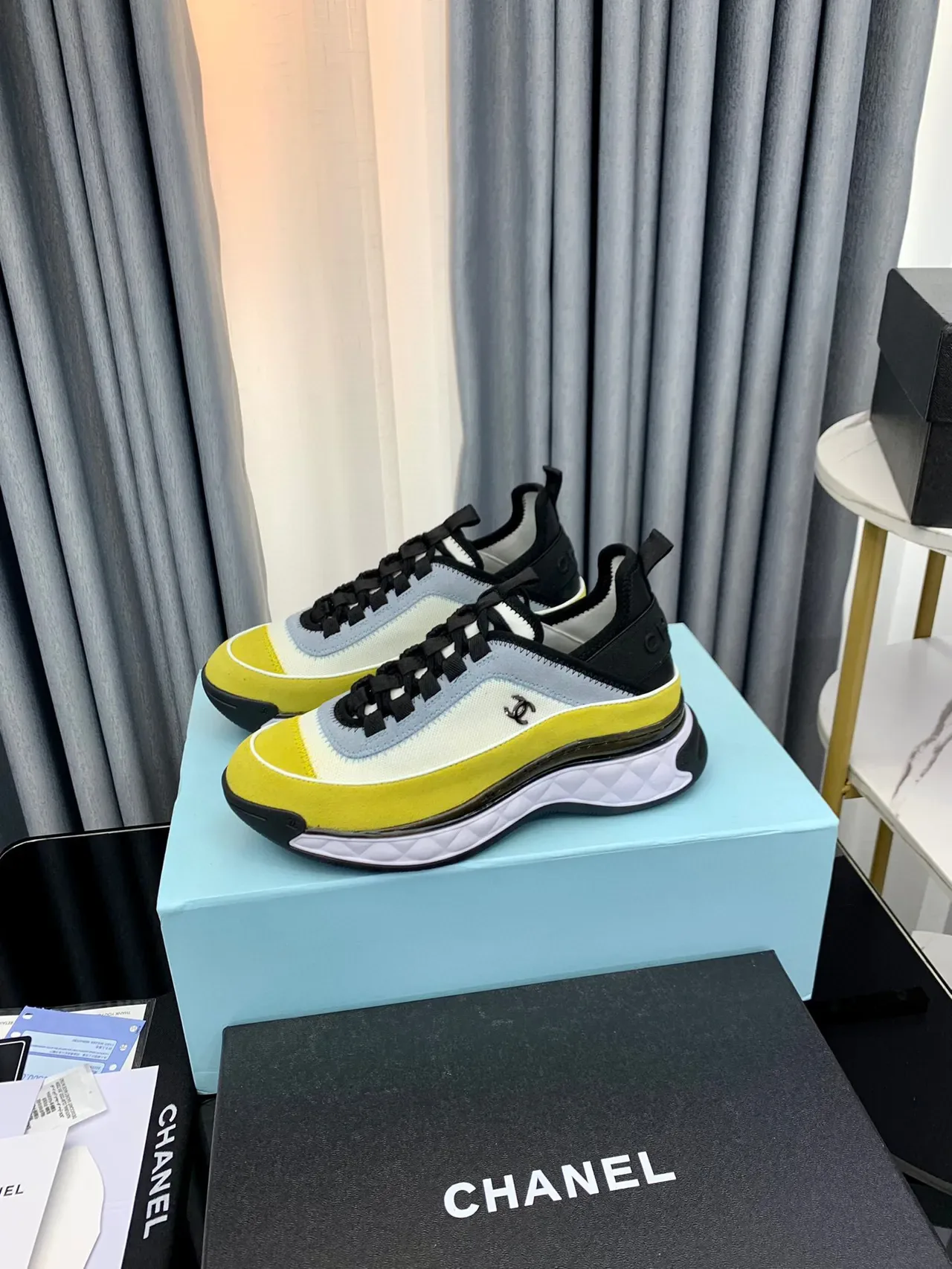 Chanel Runway Sneakers Yellow White Quilted Midsole Multi-Panel Textile Upper Lifestyle Sneakers 8