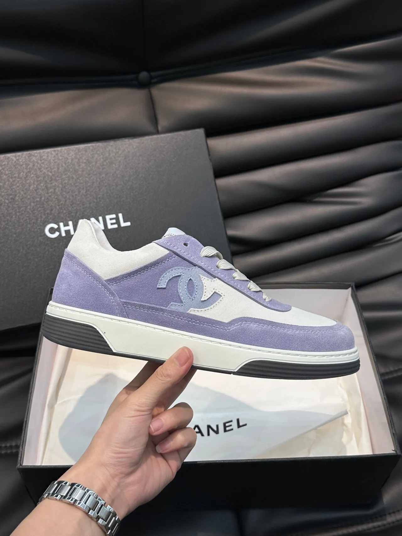 Chanel Tennis Line Tênis Lifestyle Roxo Branco Low-Top Camurça e Couro Painelado 5