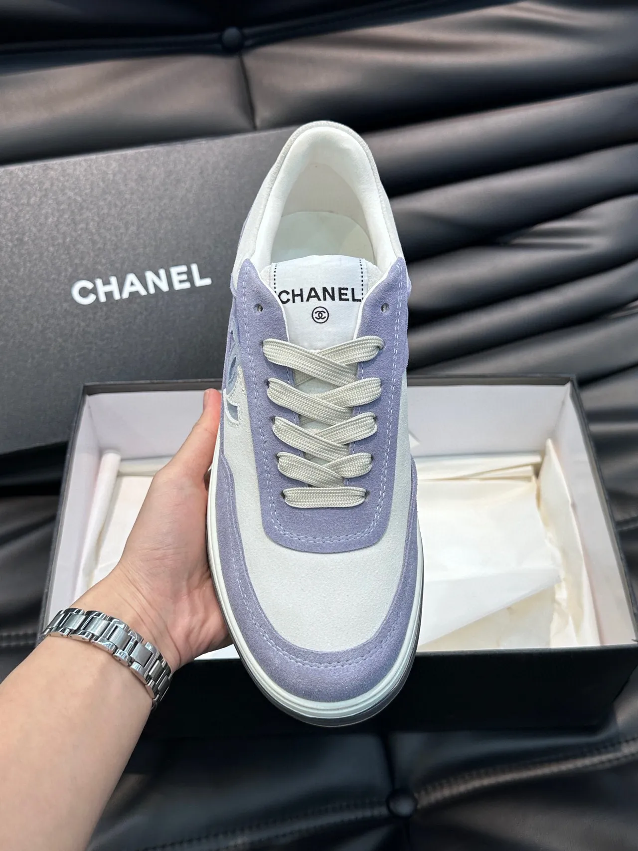 Chanel Tennis Line Tênis Lifestyle Roxo Branco Low-Top Camurça e Couro Painelado 6