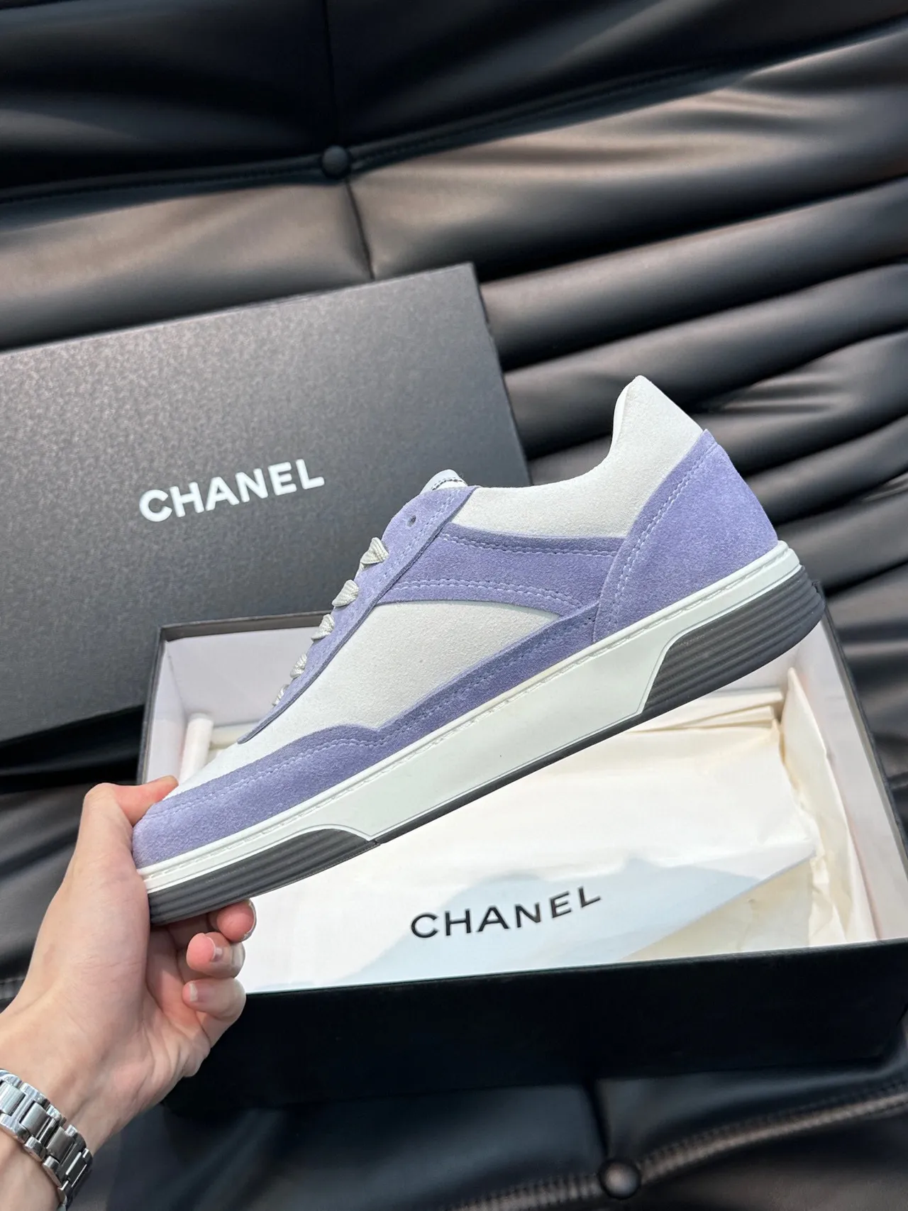 Chanel Tennis Line Tênis Lifestyle Roxo Branco Low-Top Camurça e Couro Painelado 7