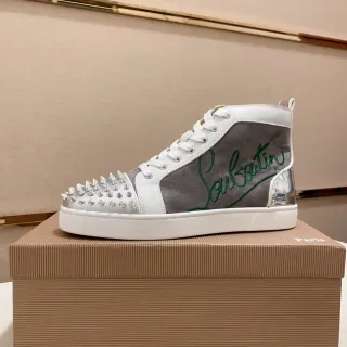 Christian Louboutin Sneakers Lifestyle Blanches Grises Hautes à Embouts Studded