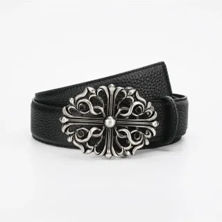 Chrome Hearts काली चांदी अलंकृत बारोक-प्रेरित धातु बकल पेबल्ड लेदर बेल्ट