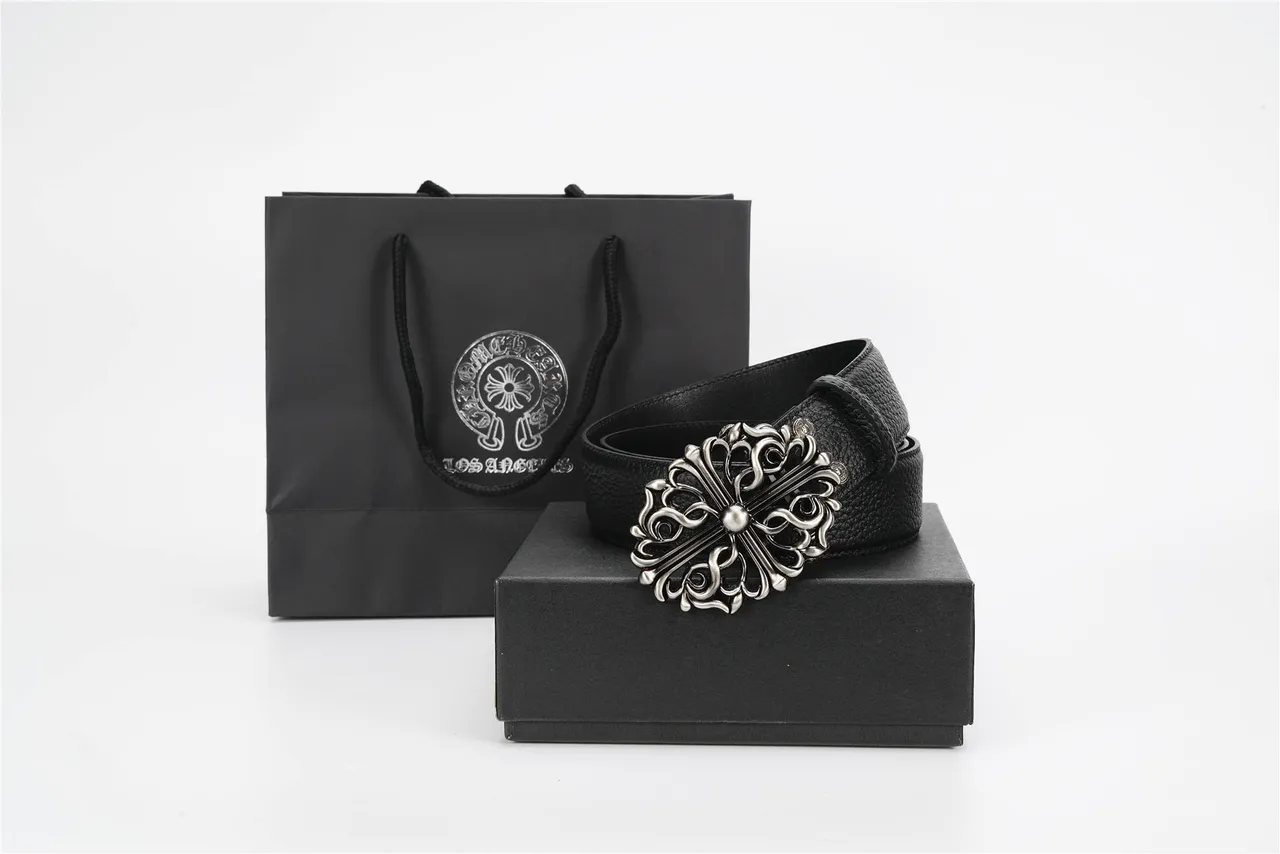 Chrome Hearts কালো সিলভার সজ্জিত ব্যারোক-প্রেরিত ধাতু বাকল পেবল্ড লেদার বেল্ট 4