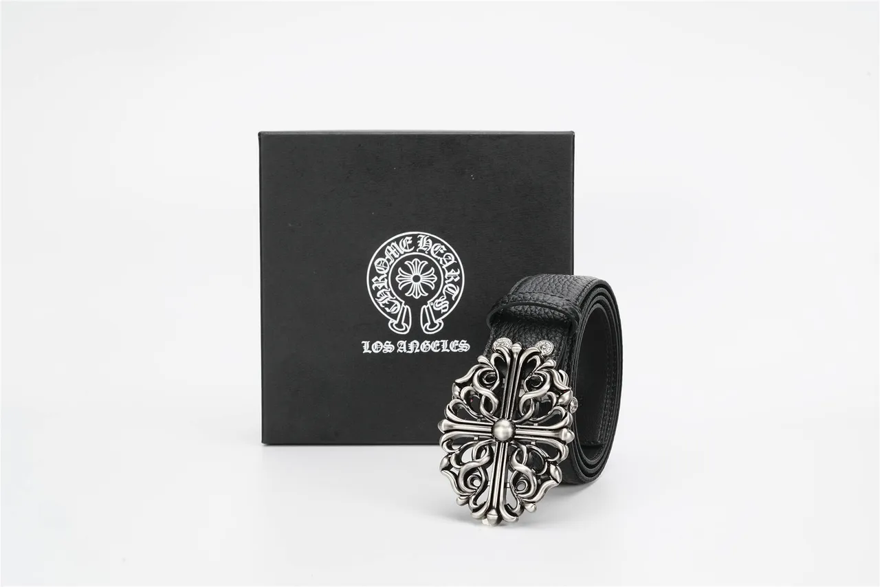 Chrome Hearts কালো সিলভার সজ্জিত ব্যারোক-প্রেরিত ধাতু বাকল পেবল্ড লেদার বেল্ট 5