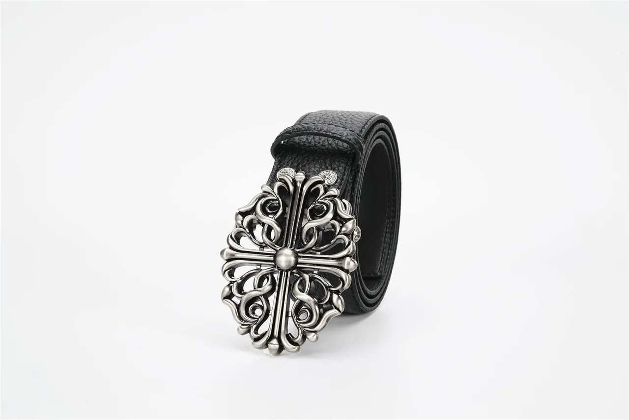Chrome Hearts কালো সিলভার সজ্জিত ব্যারোক-প্রেরিত ধাতু বাকল পেবল্ড লেদার বেল্ট 6